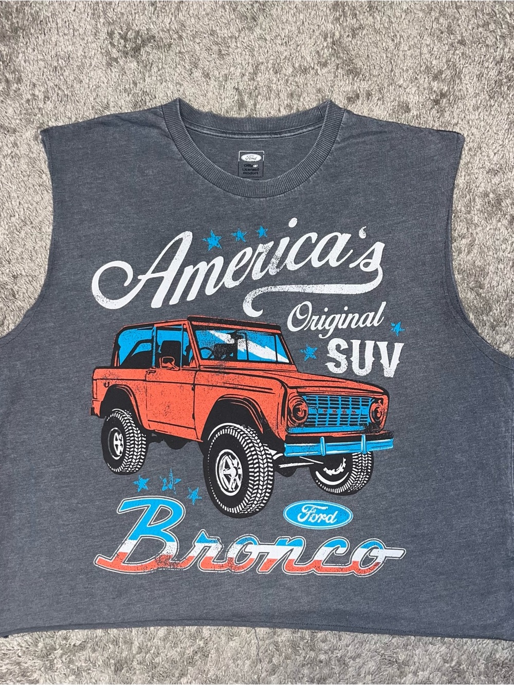 ⁠Ford Bronco Americas Original SUV Raw Hem Muscle Crop Tank Top Charcoal 2XL⁠